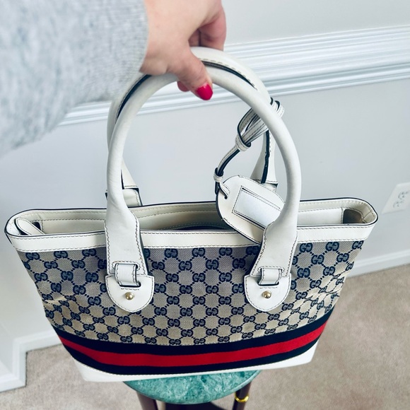 Gucci GG Blue,Red and White Web Stripe Signature Tote Bag - Picture 6 of 17